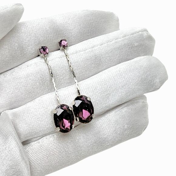Purple Dangle Earrings Faceted Oval Rhinestones Silver Tone Drop Pierced Sparkly - Picture 2 of 6